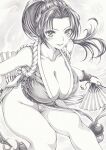  1girl blush breasts cleavage folding_fan graphite_(medium) hand_fan holding holding_fan large_breasts legs long_hair looking_at_viewer mikuro monochrome ponytail revealing_clothes shiranui_mai smile solo the_king_of_fighters thighs traditional_media 