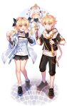  1boy 2girls aether_(genshin_impact) aether_(guilin)_(genshin_impact) ahoge bare_legs black_footwear blonde_hair braid brother_and_sister floating floating_hair food genshin_impact hair_between_eyes hair_ornament highres holding holding_food holding_ice_cream hood hoodie ice_cream ice_cream_cone isakysaku legs lumine_(genshin_impact) lumine_(zhangjiajie)_(genshin_impact) multiple_girls official_alternate_costume open_mouth orange_eyes paimon_(genshin_impact) paimon_(guilin)_(genshin_impact) print_shirt romper shirt shoes short_sleeves siblings sidelocks socks white_romper white_socks 