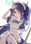  1girl apron aqua_halo aris_(blue_archive) aris_(maid)_(blue_archive) arm_at_side arm_up artist_name blue_archive blue_bow blue_bowtie blue_dress blue_eyes blue_hair blue_pupils bow bowtie chinese_commentary closed_mouth collared_dress commentary_request contrast_collar cowboy_shot dot_nose dress frilled_dress frills halo hand_on_own_head high_ponytail highres knees_up light_blush light_particles light_smile long_hair long_sidelocks looking_at_viewer luna_(luna610) maid maid_apron maid_headdress multi-source_commentary official_alternate_costume official_alternate_hairstyle one_eye_closed parted_bangs ponytail rectangular_halo short_sleeves sidelocks simple_background sitting solo straight-on twitter_username white_apron white_background white_headdress wristband 