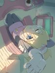  1girl absurdres blonde_hair blue_eyes blurry blurry_background breasts ciel_(mega_man) from_above highres long_hair mega_man_(series) mega_man_zero_(series) omochi_(mochi_skymega) one_eye_closed pink_shirt pink_skirt shirt sitting skirt solo stretching 