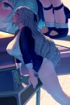  1girl akano_murasaki blue_jacket blush breasts bronya_zaychik bronya_zaychik_(silverwing:_n-ex) crotch_rub female_masturbation grey_hair highres honkai_(series) honkai_impact_3rd indoors jacket large_breasts long_hair long_sleeves masturbation masturbation_through_clothes open_clothes open_jacket open_mouth panties rolling_eyes shirt shoes solo standing table table_sex tiptoes tongue tongue_out underwear white_panties white_shirt 