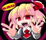  1girl ascot black_vest blonde_hair blush breasts collared_shirt commentary_request deformed frilled_ascot frilled_ribbon frills hair_ribbon hands_up highres is_that_so kajiya_no_masa long_sleeves looking_at_viewer no_nose one-hour_drawing_challenge open_mouth red_ascot red_eyes red_ribbon ribbon romaji_text rumia sharp_teeth shirt short_hair small_breasts solo speech_bubble spiral_background teeth touhou upper_body vest white_shirt 