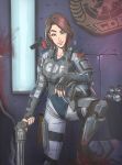  1girl absurdres against_wall arm_armor artist_name black_boots black_gloves blood blood_on_arm blood_on_wall blue_jacket blursquid bomb boots brown_hair collarbone collared_jacket commentary drone elbow_pads english_commentary explosive fingerless_gloves fingernails foot_out_of_frame gloves grey_pants gun hand_up helmet highres holding holding_gun holding_weapon ion_fury jacket knee_pads leg_armor long_sleeves looking_at_viewer medium_hair nose pants parted_lips revolver shelly_harrison signature smile smoke smoke_trail solo teeth thigh_armor trash_can unworn_headwear unworn_helmet upper_teeth_only vambraces wall_lamp weapon 