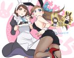  2girls animal_ear_hairband animal_ears anne_shelley apron aqua_necktie bare_shoulders black_dress blue_eyes breasts brown_eyes brown_hair brown_pantyhose bunny_day dress eating fake_animal_ears food_request hair_ornament hairband hairclip harapeko_nonoko katarina_claes kine long_hair looking_at_viewer maid_apron maid_headdress mallet medium_breasts medium_hair multiple_girls necktie open_mouth otome_game_no_hametsu_flag_shika_nai_akuyaku_reijou_ni_tensei_shite_shimatta pantyhose playboy_bunny rabbit_ear_hairband rabbit_ears rabbit_tail sweatdrop tail white_wrist_cuffs wrist_cuffs 