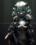  1girl bangs black_bodysuit bodysuit breasts cape creature creature_on_shoulder dark-skinned_female dark_skin drill_hair glowing glowing_eyes grey_background highres horns long_hair long_sleeves made_in_abyss marudoll navel on_shoulder purple_eyes srajo twin_drills upper_body whistle whistle_around_neck white_hair 