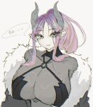  1girl azur_lane bodystocking breasts chromatic_aberration closed_mouth fur_trim green_eyes grey_horns high_ponytail highres horns huge_breasts long_hair looking_at_viewer max_immelmann_(azur_lane) mole mole_under_mouth othello_xxx parted_bangs pointy_ears ponytail simple_background smile solo speech_bubble upper_body watermark white_background 
