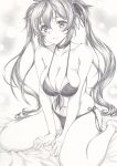  1girl bikini blush breasts choker cleavage graphite_(medium) kantai_collection long_hair looking_at_viewer mikuro monochrome murasame_(kancolle) navel side-tie_bikini sitting smile solo swimsuit traditional_media twintails wariza 