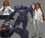  1girl :< arms_at_sides assault_visor beam_rifle bodysuit boots brown_hair closed_mouth colored_inner_hair commentary cropped_shoulders dark-skinned_female dark_skin dreadlocks earth_federation earth_federation_space_forces energy_gun english_commentary full_body gilgamesh_(kyou) gloves grey_background grey_boots gun gundam gundam_unicorn highres holding holding_gun holding_weapon jacket jesta kyou_(iuciferic) long_hair looking_at_viewer mecha mecha_pilot_suit mobile_suit multicolored_hair multiple_views normal_suit_(gundam) open_clothes open_jacket orange_assault_visor orange_hair original radio_antenna red_eyes robot roundel science_fiction simple_background spacesuit standing two-tone_hair weapon white_bodysuit white_gloves white_jacket 