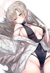  1girl :o absurdres adjusting_clothes adjusting_swimsuit angel angel_wings bare_shoulders black_one-piece_swimsuit blue_archive blush breasts brown_hair commentary_request covered_navel feathered_wings groin hair_over_one_eye halo hand_up highleg highleg_one-piece_swimsuit highres hip_focus jacket long_hair medium_breasts nagisa_(blue_archive) nagisa_(swimsuit)_(blue_archive) off_shoulder one-piece_swimsuit pink_halo skin_tight solo swimsuit teik0p thighs very_long_hair white_jacket white_wings wings yellow_eyes 