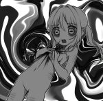  1girl black_sclera blood clutching_chest colored_sclera commentary monochrome negau no_nose no_pussy nude open_mouth original scar self-harm_scar short_twintails twintails untranslatable_commentary white_hair 
