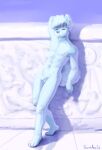  anthro balls blue_sky canid canine curled_tail eyes_closed flaccid foreskin genitals hair hi_res male mammal marble nude outside penis sky solo sunhuiz wall_(structure) white_body white_hair 