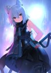  1girl animal_ear_fluff animal_ears arms_behind_back bad_link bangs belt black_dress blue_hair buckle chorefuji closed_mouth commentary_request cowboy_shot dress hair_between_eyes highres looking_at_viewer original purple_eyes shoulder_cape smile solo strap thigh_strap 