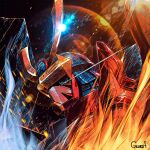  1boy armor artist_name black_background blue_helmet close-up digimon digimon_(creature) glint gloria_(ggggggsan1) helmet highres male_focus red_armor solo susanoomon 