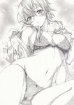  1girl blush bra breasts cleavage graphite_(medium) hair_ornament hairclip legs lingerie looking_at_viewer mikuro monochrome navel panties shirt short_hair sinon solo sword_art_online traditional_media underwear undressing 