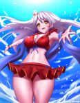  1girl bangs bare_shoulders bikini bikini_skirt blue_scarf blue_sky breasts cleavage cowboy_shot fingerless_gloves fire_emblem fire_emblem:_radiant_dawn fire_emblem_heroes flower foreshortening from_below gloves grey_hair hair_flower hair_ornament half_updo highres jaxdrawz large_breasts long_hair looking_at_viewer looking_down micaiah_(fire_emblem) navel official_alternate_costume outstretched_arms red_bikini red_gloves red_swimsuit ribbon scarf sky solo spread_arms sunlight swimsuit towel twitter_username water yellow_eyes 