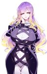  1girl absurdres alternate_breast_size_(larger) black_dress blonde_hair breasts commentary_request covered_navel cross-laced_clothes cross-laced_dress dress gradient_hair grin groin half-closed_eyes hand_on_own_cheek hand_on_own_face highres hijiri_byakuren huge_breasts juliet_sleeves layered_dress long_hair long_sleeves looking_at_viewer multicolored_hair puffy_sleeves purple_eyes purple_hair raptor7 simple_background smile solo touhou very_long_hair white_background white_dress 