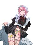  1boy alternate_costume amemura_ramuda bangs black_dress blue_eyes crossdressing dress enmaided fishnet_legwear fishnets garter_belt highres hypnosis_mic juliet_sleeves lingerie long_sleeves maid maid_headdress nail_polish neck_ribbon panties pink_hair puffy_sleeves red_ribbon reichio ribbon short_hair sidelocks swept_bangs thighhighs underwear yellow_panties 