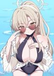  1girl absurdres adjusting_eyewear black_one-piece_swimsuit blonde_hair blue_archive breasts brown-tinted_eyewear cleavage closed_mouth commentary_request covered_navel cowboy_shot halo highres hosinonana large_breasts long_hair looking_at_viewer nagisa_(blue_archive) nagisa_(swimsuit)_(blue_archive) one-piece_swimsuit solo sunglasses swimsuit tinted_eyewear yellow_eyes 