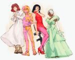  4boys amuro_ray angry blue_eyes boots brown_hair char's_daily_life clenched_hand crossdressing crossdressing_(mtf) dark_skin dress gloves green_dress green_eyes gun gundam gundam_zz hand_on_own_face high_heels highres holding holding_gun holding_weapon judau_ashta kamille_bidan long_sleeves looking_at_viewer loran_cehack male_focus mobile_suit_gundam multiple_boys multiple_traps newtype one_eye_closed pantyhose pink_pantyhose rifle rokukkoken shoes short_hair smile trap turn_a_gundam weapon white_hair zeta_gundam 