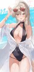 1girl :d ameno_sagiri_(artist) arm_behind_back bare_shoulders black_one-piece_swimsuit blue_archive blush breasts brown_hair clothes_pull commentary_request covered_navel eyewear_on_head groin hair_over_one_eye halo hand_up happy highleg highleg_one-piece_swimsuit highres jacket jacket_pull long_hair looking_at_viewer medium_breasts nagisa_(blue_archive) nagisa_(swimsuit)_(blue_archive) off_shoulder one-piece_swimsuit open_clothes open_jacket pink_halo ponytail skin_tight smile solo standing sunglasses swimsuit thighs very_long_hair wet wet_clothes wet_swimsuit white_jacket yellow_eyes 