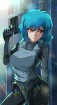  1girl absurdres arm_behind_back black_bodysuit blue_hair bodysuit breasts bulletproof_vest closed_mouth commentary cowboy_shot finger_on_trigger ghost_in_the_shell gun hair_between_eyes hand_up handgun highres holding holding_gun holding_weapon holster industrial_pipe kanihara_hitori kusanagi_motoko large_breasts lens_flare looking_to_the_side red_eyes short_hair sideways_glance solo standing the_ghost_in_the_shell_(2026) v-shaped_eyebrows weapon 