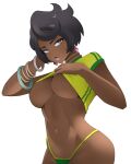  1girl absurdres bikini black_hair brazilian_flag brazilian_flag_print breasts bright_pupils clothes_lift cropped_shirt dark-skinned_female dark_skin diamond_(gemstone) diamond_(shape) diamond_earrings earrings flag_print gem green_bikini highres jewelry kaerujj large_breasts neck_ring olivia_(pokemon) pink_gem pink_lips pokemon pokemon_sun_and_moon print_shirt shirt shirt_lift short_hair solo swimsuit underboob undressing yellow_bikini 