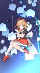  1girl back_bow black_shirt blonde_hair blue_eyes bow chinese_commentary commentary_request flower frilled_skirt frills hair_ribbon highres hug kori_morri lily_of_the_valley loafers looking_at_viewer medicine_melancholy medium_hair on_swing oversized_flower puffy_short_sleeves puffy_sleeves red_ribbon red_shoes red_skirt ribbon ribbon-trimmed_shirt ribbon-trimmed_skirt ribbon_trim shirt shoes short_sleeves sitting skirt socks solo su-san swing touhou white_bow white_flower white_socks 