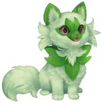  absurdres animal baby_animal cat commentary english_commentary fangs green_fur highres kitten leaf mewitti no_humans pink_eyes pokemon pokemon_(creature) realistic simple_background sitting solo sprigatito tail white_background 