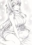 1girl blush breasts cleavage covered_nipples graphite_(medium) hair_ribbon hairband kantai_collection legs looking_at_viewer mikuro monochrome no_bra ribbon shoukaku_(kancolle) smile solo sweater traditional_media 