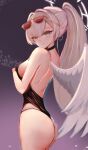 1girl absurdres ass bare_arms bare_back black_choker black_leotard black_one-piece_swimsuit blonde_hair blue_archive blush breasts choker closed_eyes earrings eyewear_on_head feathered_wings halo highres jewelry large_breasts leotard long_hair mizugizoinowaki nagisa_(blue_archive) nagisa_(swimsuit)_(blue_archive) one-piece_swimsuit pink_halo ponytail smile solo sunglasses swimsuit very_long_hair white_wings wings yellow_eyes 