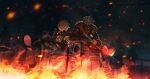  1boy 1girl 5others absurdres ah-64_apache aircraft attack_helicopter black_gloves black_jacket black_pants combat_helmet commentary crossed_legs crossover dark_background embers english_commentary escape_from_tarkov fire fur-trimmed_jacket fur_trim gas_mask girls'_frontline girls'_frontline_2:_exilium gloves grey_hair grey_pants gun h&amp;k_mp7 helicopter helmet highres holding holding_gun holding_weapon honoo_999 jacket looking_at_viewer mask military_vehicle multiple_others night_vision_device pants short_hair sitting submachine_gun vector_(girls'_frontline) vector_(girls'_frontline_2) weapon yellow_eyes 
