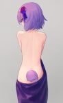  1girl ass back bad_link butt_crack chorefuji clothes_pull commentary_request cowboy_shot dress dress_pull flower from_behind grey_background hair_flower hair_ornament hair_ribbon highres looking_to_the_side original purple_dress purple_eyes purple_hair ribbon simple_background solo tail 