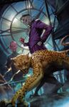  apple blue_bodysuit bodysuit cheetah_(dc) cheetah_girl clock clown colored_skin commentary dc_comics derrick_chew english_commentary evil_grin evil_smile facepaint food fruit furry furry_female green_hair green_skirt grin hand_in_pocket highres holding holding_food holding_fruit joker_(dc) long_sleeves looking_at_viewer pants pink_skin pointy_ears purple_pants purple_suit signature sinestro skirt smile spotted_hair suit textless_cover_page textless_version white_facepaint 