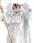  1girl armor blonde_hair blood blood_from_mouth body_horror breasts breasts_apart clothing_cutout colored_skin commentary covered_eyes elden_ring elden_ring_nightreign halter_shirt halterneck hand_on_own_head helmet helmet_over_eyes highres hip_armor holding holding_polearm holding_weapon navel navel_cutout ornate_armor plunging_neckline polearm sarong schizophre4044 solo standing weapon weapon_bequeathed_harmonia_(elden_ring) white_background white_sarong 