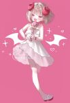  1girl :3 alternate_hair_length_(shorter) bare_shoulders blunt_bangs blush bob_cut bracelet colored_inner_hair curled_horns demon_horns demon_wings drawn_wings dress fang full_body grey_hair hair_intakes hand_on_own_hip heart heart_background heart_wand highres holding holding_wand horns jewelry jian_jing looking_at_viewer makaino_ririmu makaino_ririmu_(3rd_costume) medium_hair multicolored_hair nijisanji no_socks official_alternate_hair_color official_alternate_hairstyle open_mouth pink_background pink_hair pink_streaks platform_sandals pointy_ears raised_eyebrow red_eyes red_horns sandals see-through_clothes see-through_skirt_layer sidelocks simple_background sleeveless sleeveless_dress smile solo sparkle standing standing_on_one_leg strap_slip streaked_hair sundress toy two-tone_hair virtual_youtuber wand watermark white_dress white_wings winged_wand wings 