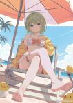  1girl baby_animal bare_shoulders barefoot beach beach_umbrella bikini bird blue_eyes blue_sky blush breasts chair chick closed_mouth cloud commentary_request commission contrail crossed_legs day deck_chair dorsiflexion feet folding_chair frilled_bikini frilled_thigh_strap frills green_hair hair_ornament hand_on_own_chest highres jacket legs long_sleeves looking_at_viewer medium_breasts ocean off_shoulder open_clothes open_jacket original outdoors palm_tree sand short_hair sitting skeb_commission sky smile soles solo swimsuit thigh_strap toenails toes tree twitter_username umbrella white_bikini yellow_jacket yoshino_ryou 