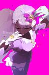  1girl ascot breasts dark-skinned_female dark_skin dress frilled_ascot frills glove_bow gloves gold_ring gura_(guragrass) half-closed_eyes highres jacinthe_(pokemon) juliet_sleeves long_sleeves low_drills pokemon pokemon_legends:_z-a puffy_sleeves purple_dress purple_eyes purple_hair smile solo very_dark_skin white_gloves 