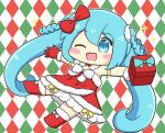  1girl :d ;d argyle_background blue_eyes blue_hair blush_stickers boots box chibi chibi_only commentary_request double-parted_bangs dress full_body fur-trimmed_boots fur-trimmed_dress fur-trimmed_gloves fur_trim gift gift_box gloves hair_between_eyes hatsune_miku holding holding_gift long_hair nukotun one_eye_closed open_mouth outline outstretched_arms red_boots red_dress red_gloves santa_costume santa_dress smile solo sparkle spread_arms strapless strapless_dress twintails very_long_hair vocaloid white_outline 