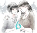  2girls :d ^_^ anniversary arm_around_shoulder arm_at_side black_hair blush bob_cut breasts brown_hair brown_sweater closed_eyes closed_mouth commentary_request cropped_torso cross-laced_clothes cross-laced_top fatal_frame fatal_frame:_maiden_of_black_water finger_counting frilled_sleeves frills grey_background grey_shirt hand_on_another's_shoulder hand_up hands_up highres himeno_fuyuhi large_breasts looking_at_viewer medium_breasts medium_hair momose_haruka multiple_girls open_mouth ribbed_sweater sabi_(6535841) shirt short_hair side-by-side smile sweatdrop sweater three-quarter_sleeves translated upper_body white_background 