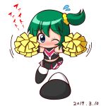  2019 black_shirt black_shoes black_skirt blue_eyes blush crop_top dated embarrassed flying_sweatdrops green_hair hair_ornament hair_scrunchie highres holding holding_pom_poms jikkyou_powerful_pro_yakyuu jikkyou_powerful_pro_yakyuu_(style) midriff multicolored_shoes nanashima_asami no_mouth one_eye_closed one_side_up outstretched_arms pom_pom_(cheerleading) power_pro-kun_pocket power_pro-kun_pocket_13 rayman_limbs scrunchie shiroi_tansu shirt shoes skirt sleeveless sleeveless_shirt spread_arms translation_request two-tone_shoes white_background white_shoes yellow_scrunchie 