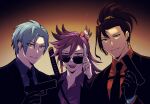  3boys alternate_costume amehigejz banzoin_hakka black_hair blue_eyes blue_hair blue_shirt earrings feather_hair_ornament feathers gun hair_ornament hair_tie handgun holding holding_gun holding_weapon holostars holostars_english holotempus jewelry josuiji_shinri katana long_hair male_focus multiple_boys necktie orange_shirt purple_hair purple_shirt regis_altare shirt smile sunglasses sword virtual_youtuber weapon 