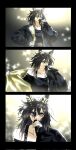  1girl animal_ears belt black_belt black_border black_hair black_jacket black_shirt border ear_covers feather_hair_ornament feathers hair_between_eyes hair_ornament hand_on_own_hip highres holding holding_microphone horse_ears horse_girl jacket jacket_partially_removed long_hair looking_at_viewer low_ponytail microphone molen106 multicolored_hair official_alternate_costume open_clothes open_mouth ponytail removing_jacket sequential shirt singing sleeves_past_wrists smile sparkle sparkling_aura stay_gold_(gold-triumph)_(umamusume) stay_gold_(umamusume) streaked_hair umamusume v-shaped_eyebrows white_streaks yellow_eyes 