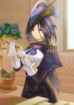  1girl absurdres antique_firearm ascot black_hair blue_hair breasts capelet cleaning cleaning_weapon clorinde_(genshin_impact) commentary_request electro_symbol_(genshin_impact) epaulettes flower genshin_impact gloves gun handgun hat hat_feather highres holding holding_cloth holding_gun holding_weapon indoors large_breasts light_smile long_hair long_sleeves mizuame_(mizu_illust3) multicolored_hair purple_ascot purple_eyes shirt solo standing streaked_hair tricorne upper_body very_long_hair vision_(genshin_impact) weapon white_gloves white_shirt window 