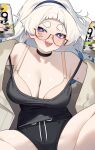  1girl :d arched_bangs black_camisole black_choker black_nails black_shorts blush bra breasts brown_bra brown_cardigan camisole can cardigan choker cleavage commentary double_strap_slip drawstring drink_can fingernails glasses highres holding holding_can large_breasts long_hair looking_at_viewer meg_(wakamepiza) micro_shorts nail_polish open_cardigan open_clothes open_mouth original purple_eyes round_eyewear semi-rimless_eyewear sharp_teeth short_eyebrows shorts sitting smile solo spaghetti_strap sparkling_eyes spread_legs strap_slip teeth thick_eyebrows under-rim_eyewear underwear wakamepiza white_hair wide_ponytail 