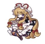  1girl blonde_hair boots bow bright_pupils brown_boots chibi chibi_only closed_mouth commentary_request dress flame_print frills full_body gap_(touhou) hair_bow hand_fan hand_up hat hat_ribbon holding holding_fan juliet_sleeves leg_up long_hair long_sleeves looking_at_viewer mob_cap one_eye_closed puffy_sleeves purple_eyes purple_tabard red_bow red_eyes red_ribbon ribbon sidelocks simple_background smile soda_(sodaa_811) solo standing standing_on_one_leg tabard touhou very_long_hair wavy_hair white_background white_dress white_hat white_pupils wide_sleeves yakumo_yukari yin_yang yin_yang_print 