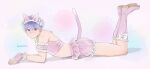  1boy animal_ear_hairband animal_ears artist_name bare_shoulders bell bloomers blue_hair boots bow cat_ear_hairband cat_ears cat_tail closed_mouth colored_shoe_soles crop_top crossdressing crossdressing_(mtf) fake_animal_ears feet_up_heels_up fingerless_gloves footwear_bow frilled_armlet frilled_gloves frills from_side full_body gloves grey_eyes hair_between_eyes hairband jingle_bell knee_boots lace-up_boots legs_together lemicon light_blush light_smile looking_at_viewer lying male_focus neck_bell on_stomach original pink_bloomers pink_boots pink_gloves pink_tail pink_vest short_hair solo tail turning_head vest white_background white_bow 