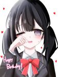  black_hair black_suit bow bowtie collared_shirt grey_eyes happy_birthday heart highres kurobe_nanoka long_hair long_sleeves looking_at_viewer mahou_shoujo_no_majo_saiban making-of_available one_eye_closed open_mouth portrait red_bow red_bowtie rubbing_eyes shirt simple_background suit twintails white_background white_shirt yoo_yoo 