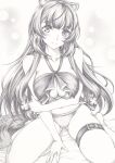  1girl belt bikini breast_hold breasts cleavage flower graphite_(medium) hair_flower hair_ornament long_hair looking_at_viewer mikuro monochrome raphtalia sitting smile solo swimsuit tate_no_yuusha_no_nariagari traditional_media very_long_hair wariza 