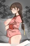  1girl bite_mark bite_mark_on_breast bite_mark_on_thigh black-framed_eyewear bottomless breasts breath brown_eyes brown_hair chair commentary cowboy_shot from_side glasses hair_ornament hair_ribbon hairclip hanekawa_tsubasa highres inverted_nipples juliet_sleeves large_breasts long_hair long_sleeves looking_at_viewer monogatari_(series) naoetsu_high_school_uniform parted_lips pink_shirt profile puffy_sleeves ribbon sadist_potatoe school_chair school_uniform semi-rimless_eyewear shirt sideways_glance solo standing steaming_body stray_pubic_hair trash_can twitter_username under-rim_eyewear yellow_ribbon 