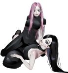  2girls aespa bis0 black_bodysuit black_hair blue_eyes bodysuit breasts commentary_request giselle_(aespa) hair_over_one_eye halterneck helmet highres k-pop leaning_to_the_side long_hair looking_at_viewer lying motorcycle_helmet multiple_girls ningning_(aespa) one_eye_covered photo-referenced pink_lips real_life sitting sitting_on_person small_breasts tatu unworn_headwear unworn_helmet yuri 